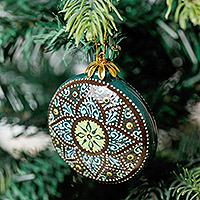 Ceramic ornament, 'Winter Flower' - Green Glazed Ceramic Floral Ornament Made & Painted by Hand