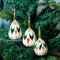 Dried gourd ornaments, 'White Eve' (set of 3) - Set of Three Hand-Painted White Dried Gourd Ornaments