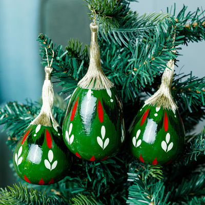 Dried gourd ornaments, 'Green Eve' (set of 3) - Set of Three Hand-Painted Green Dried Gourd Ornaments