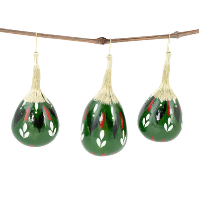 Dried gourd ornaments, 'Green Eve' (set of 3) - Set of Three Hand-Painted Green Dried Gourd Ornaments