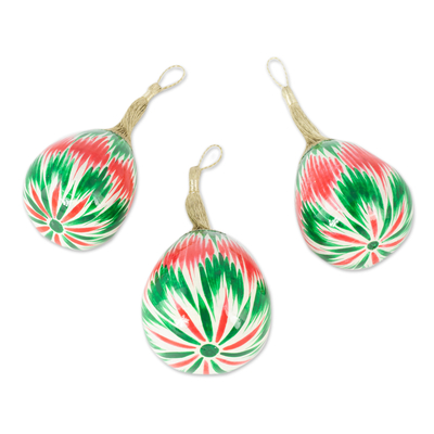 Dried gourd ornaments, 'Ikat Eve in Green' (set of 3) - Set of 3 Hand-Painted Green and Red Ikat Gourd Ornaments