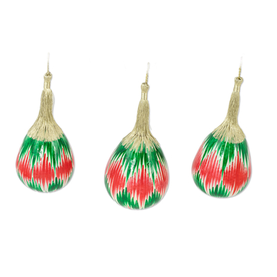 Dried gourd ornaments, 'Ikat Eve in Green' (set of 3) - Set of 3 Hand-Painted Green and Red Ikat Gourd Ornaments