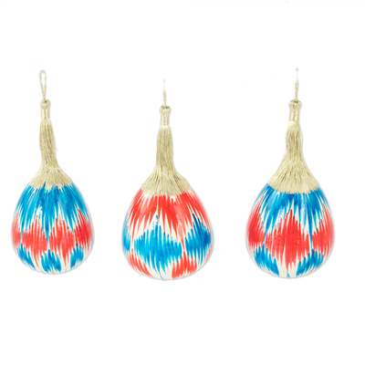 Dried gourd ornaments, 'Ikat Eve in Blue' (set of 3) - Set of 3 Hand-Painted Blue and Red Ikat Gourd Ornaments
