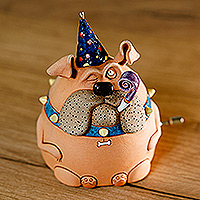 Musical ceramic figurine, 'Party Bulldog' - Birthday Ceramic Bulldog Figurine with Music Mechanism