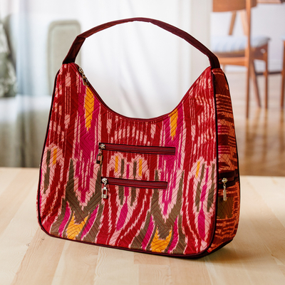 Ikat shoulder bag, 'Magenta Flair' - Ikat Shoulder Bag in Fuchsia and Burgundy with 5 Pockets