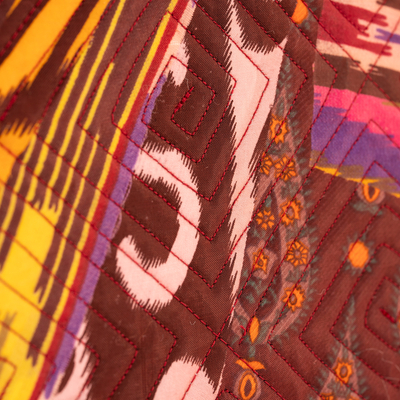 Patchwork ikat tote bag, 'Exuberance' - Burgundy Tote Bag with Multicolored Patchwork Ikat Pattern