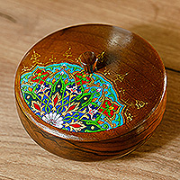 Wood jewellery box, 'Peacock Spirit' - Painted Round Walnut Wood jewellery Box with Floral Motifs