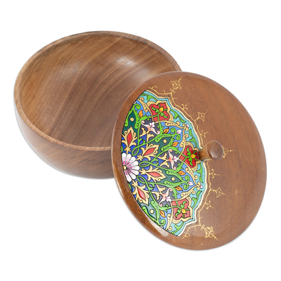 Wood jewellery box, 'Peacock Spirit' - Painted Round Walnut Wood jewellery Box with Floral Motifs
