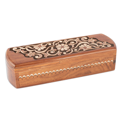 Wood puzzle box, 'Spring Challenge' - Walnut Wood Puzzle Box with Traditional Garden Carving