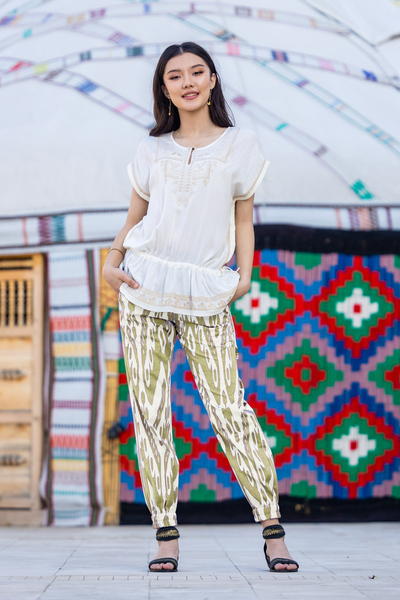 Cotton ikat jogger pants, 'Samarkand Adventure' - Handwoven Brown and Ivory Cotton Ikat Jogger Pants