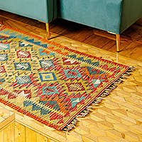 Wool area rug, 'Uzbekistan Palace' (2.5x5) - Handwoven Geometric Wool Area Rug in Yellow (2.5x5)