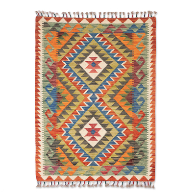 Wool area rug, 'Luxurious Geometry' (3x4) - Handwoven Geometric Wool Area Rug from Uzbekistan (3x4)