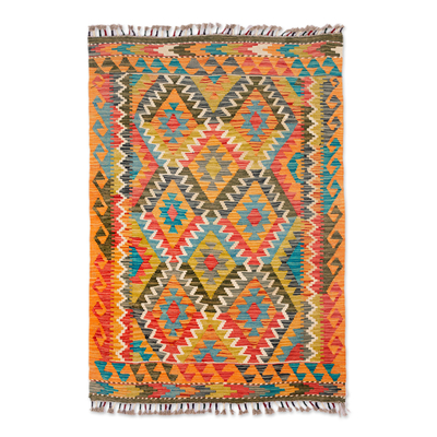 Wool area rug, 'Silk Road Jewels' (3x5) - Handwoven Geometric Wool Area Rug in a Warm Palette (3x5)