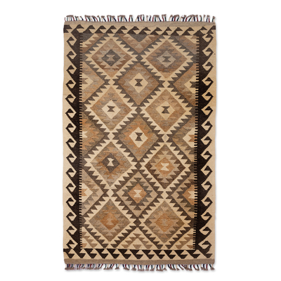 Alfombra de lana, (3x5) - Alfombra de lana tejida a mano con motivos geométricos en marrón y negro (3x5)