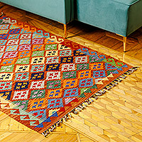 Alfombra de área de lana, 'Mosaico dulce' (3,5x5) - Alfombra de área de lana geométrica tejida a mano en tonos vibrantes (3,5x5)