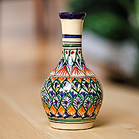 Glazed ceramic vase, 'Royal Rishtan' - Hand-Painted Royal Blue Glazed Ceramic Bud Vase
