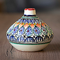 Jarrón de cerámica vidriada, 'Uzbek Charm' - Jarrón de cerámica vidriada colorido pintado a mano en Uzbekistán