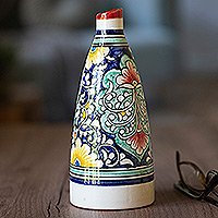 Jarrón de cerámica esmaltada, 'Primavera uzbeka' - Jarrón de cerámica esmaltada pintado a mano con motivos florales y de hojas