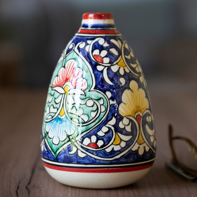 Glazed Ceramic Vase with Hand-Painted Floral & Leaf Motifs, 'Fergana  Flowers