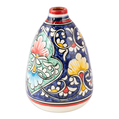 Glazed ceramic vase, 'Fergana Flowers' - Glazed Ceramic Vase with Hand-Painted Floral & Leaf Motifs