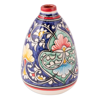 Glasierte Keramikvase - Glasierte Keramikvase mit handbemalten Blumen- und Blattmotiven