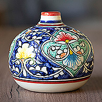 Jarrón de cerámica esmaltada, 'Rishtan Orb' - Colorido jarrón de cerámica esmaltada con motivos florales pintados a mano