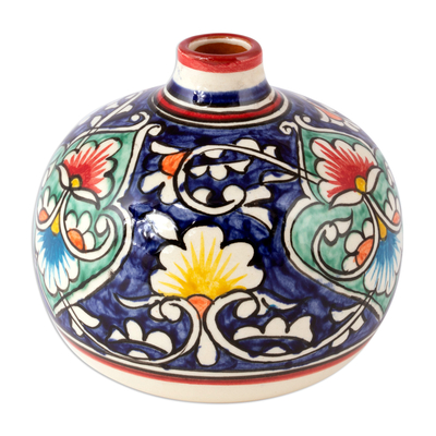Glazed ceramic vase, 'Rishtan Orb' - Colorful Glazed Ceramic Vase with Hand-Painted Floral Motifs
