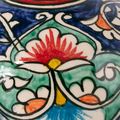Glazed ceramic vase, 'Rishtan Orb' - Colorful Glazed Ceramic Vase with Hand-Painted Floral Motifs