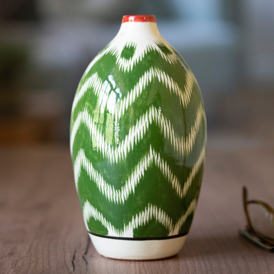 Glazed ceramic vase, 'Uzbek Ikat' - Hand-Painted Glazed Ceramic Vase with Uzbek Ikat Motif