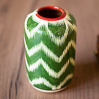 Glazed ceramic vase, 'Uzbek Green Ikat' - Uzbek Ikat-Themed Hand-Painted Glazed Ceramic Vase in Green