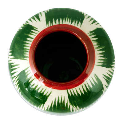 Glazed ceramic vase, 'Uzbek Green Ikat' - Uzbek Ikat-Themed Hand-Painted Glazed Ceramic Vase in Green