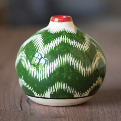 Glazed ceramic vase, 'Uzbek Ikat Style' - Green Hand-Painted Uzbek Ikat Patterned Glazed Ceramic Vase