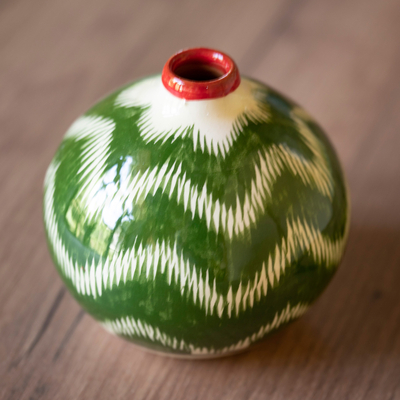Glazed ceramic vase, 'Uzbek Ikat Style' - Green Hand-Painted Uzbek Ikat Patterned Glazed Ceramic Vase