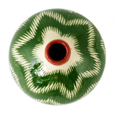 Jarrón de cerámica esmaltada - Jarrón de cerámica esmaltada con estampado uzbeko ikat verde pintado a mano