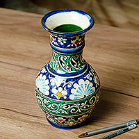 Glazed ceramic vase, 'Blue Empyrean' - Floral Blue and Green Glazed Ceramic Center-Choke Vase