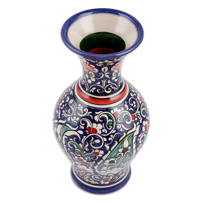 Glazed ceramic vase, 'Red Desires' - Paisley and Floral Royal Blue and Red Glazed Ceramic Vase