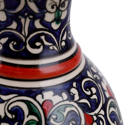 Glazed ceramic vase, 'Red Desires' - Paisley and Floral Royal Blue and Red Glazed Ceramic Vase