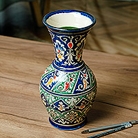 Glazed ceramic vase, 'Blue Manor' - Floral Painted Blue and Green Glazed Ceramic Bud Vase