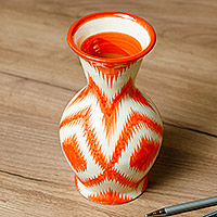 Ikat ceramic vase, 'Ambitious Areas' - Orange and White Ikat-Patterned Glazed Ceramic Vase