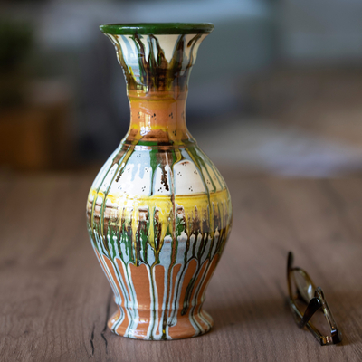 Glazed ceramic vase, 'Uzbek Modern' - Modern Uzbek Glazed Ceramic Vase with Hand-Painted Motifs