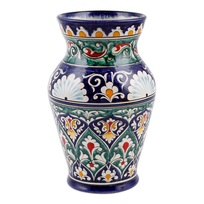 Jarrón de cerámica esmaltada - Jarrón de ramo de cerámica esmaltada en azul y verde de Uzbekistán