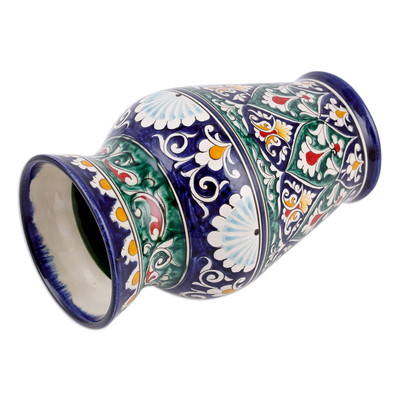 Jarrón de cerámica esmaltada - Jarrón de ramo de cerámica esmaltada en azul y verde de Uzbekistán