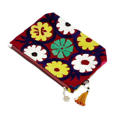 Upcycled suzani travel bag, 'Floral Spectacle' - Uzbek Upcycled Cotton Travel Bag with Floral Hand Embroidery