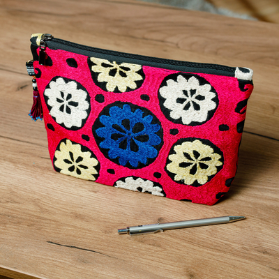 Upcycled suzani travel bag, 'Floral Delight' - Hand-Embroidered Cotton Toiletry Case with Floral Theme