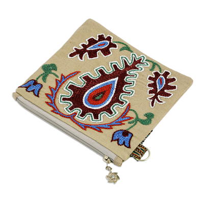Hand-embroidered cotton cosmetic bag, 'Precious Beauty' - Uzbek Cotton Cosmetic Bag with Hand Embroidered Motifs