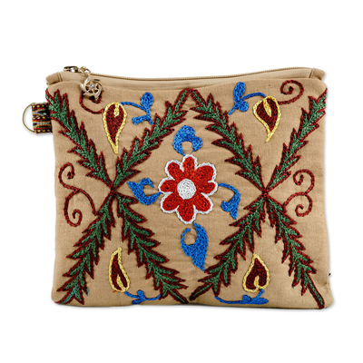 Hand-embroidered suzani cotton toiletry case, 'Precious Garden' - Uzbek Hand-Embroidered Cotton Floral and Leaf Toiletry Case