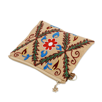 Hand-embroidered suzani cotton toiletry case, 'Precious Garden' - Uzbek Hand-Embroidered Cotton Floral and Leaf Toiletry Case