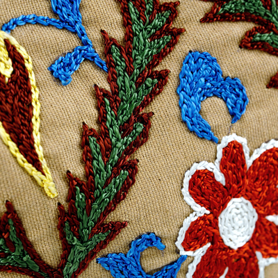 Neceser de algodón suzani bordado a mano - Neceser de flores y hojas de algodón bordado a mano uzbeko
