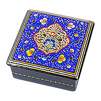 Lacquered wood jewelry box, 'The Blue Aral Flowers' - Hand-Painted Lacquered Blue Walnut Wood Jewelry Box