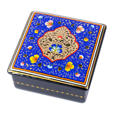 Lacquered wood jewelry box, 'The Blue Aral Flowers' - Hand-Painted Lacquered Blue Walnut Wood Jewelry Box
